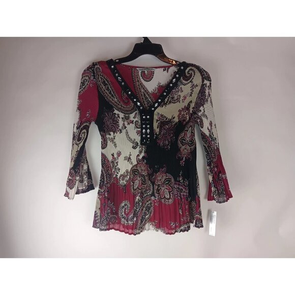 Signature By Larry Levine Womens Blouse Red Black White Paisley Rhinestones sz L - Picture 1 of 12